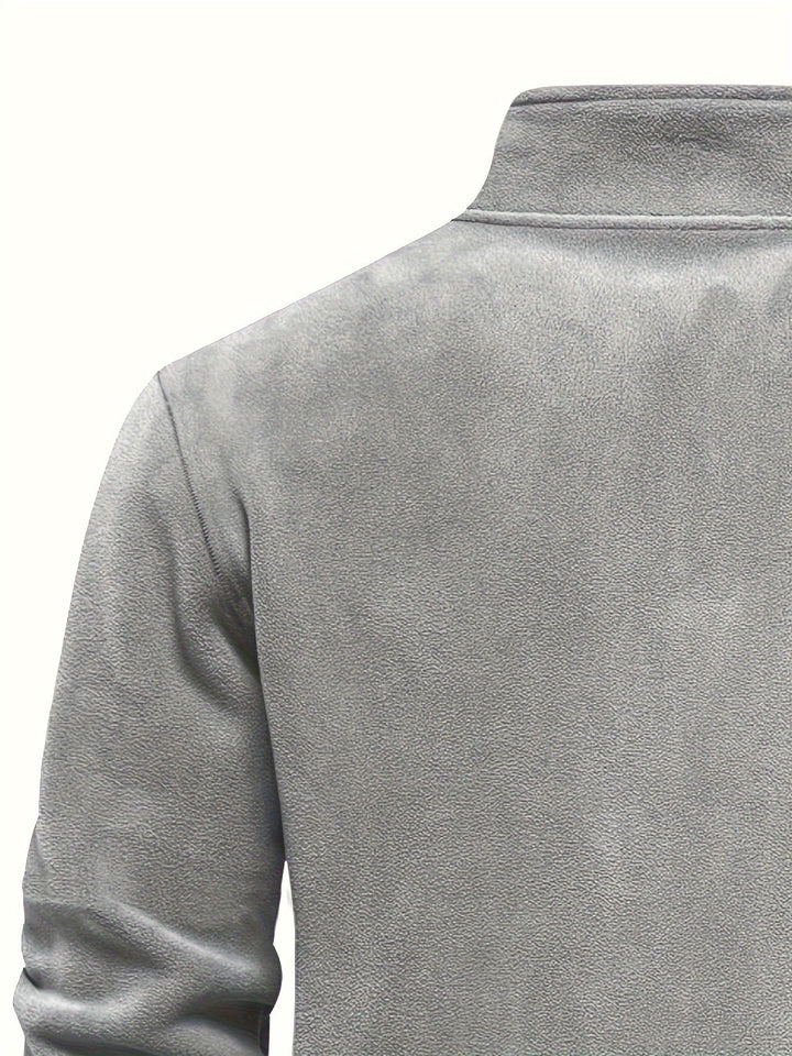 Foster half-zip stand collar fleece pullover in grey, back shoulder detail