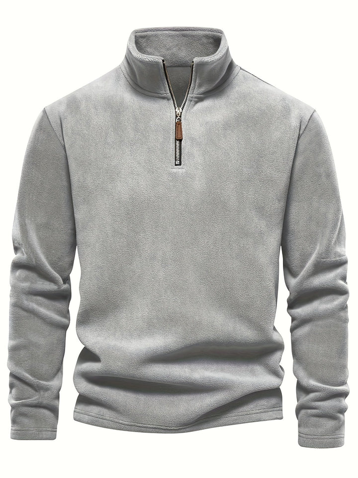 Foster half-zip stand collar fleece pullover in grey, front view