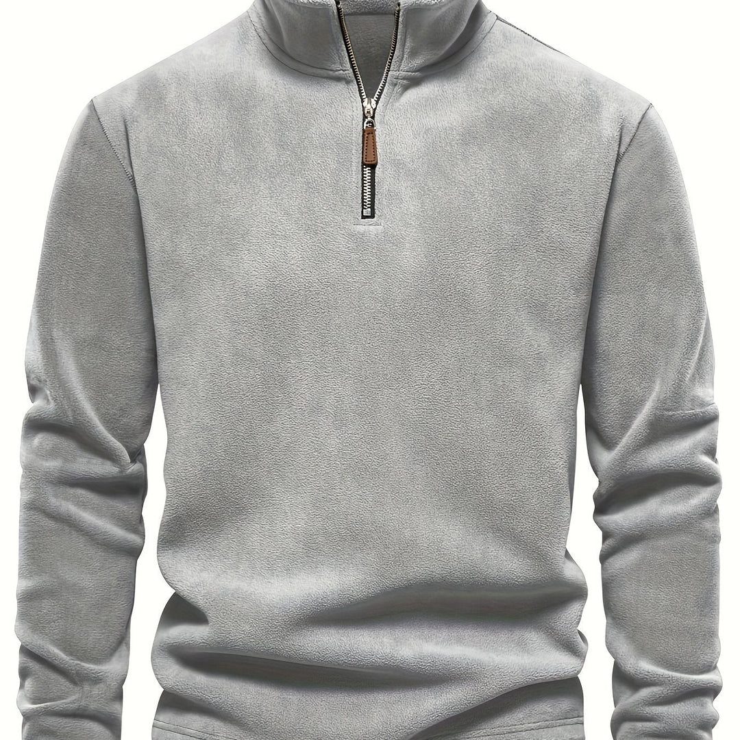 Foster half-zip stand collar fleece pullover in grey, front view close up
