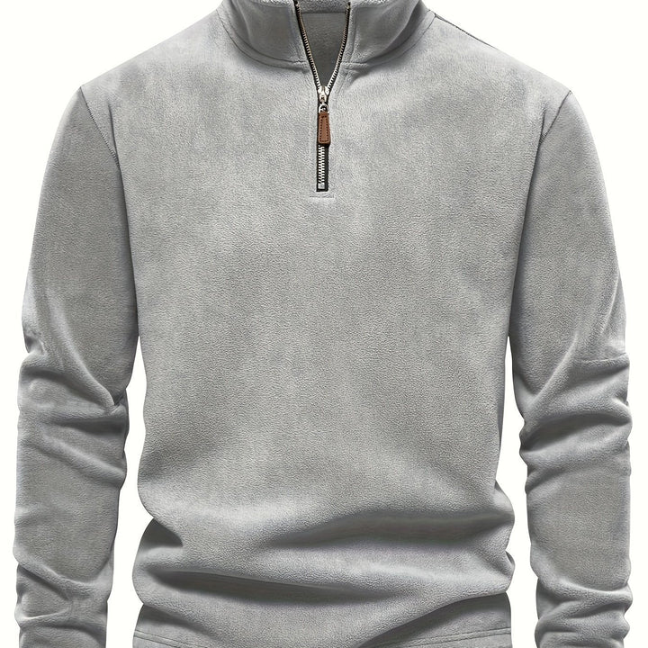 Foster half-zip stand collar fleece pullover in grey, front view close up