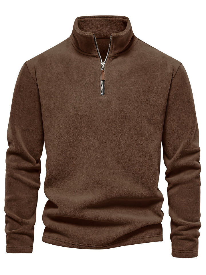 Foster half-zip stand collar fleece pullover in brown, front view