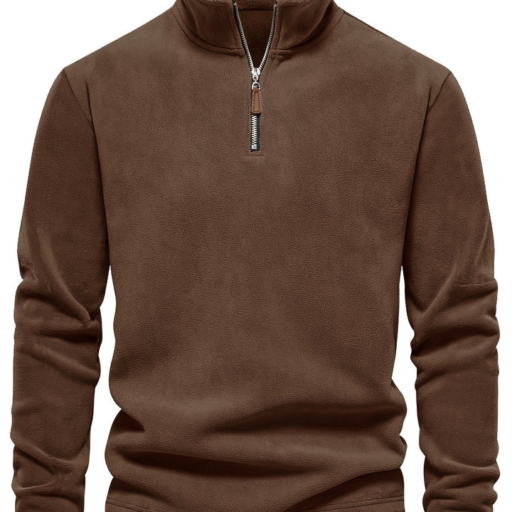 Foster half-zip stand collar fleece pullover in brown, back view