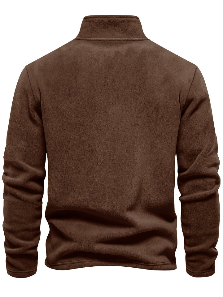 Foster half-zip stand collar fleece pullover in brown, sleeve and hem detail