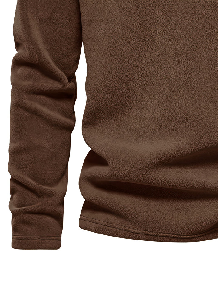 Foster half-zip stand collar fleece pullover in brown, collar and zip detail