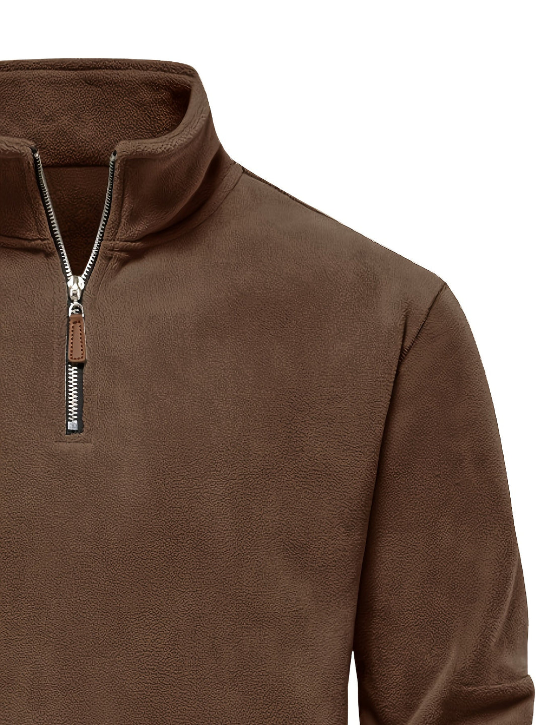 Foster half-zip stand collar fleece pullover in brown, collar and zip detail