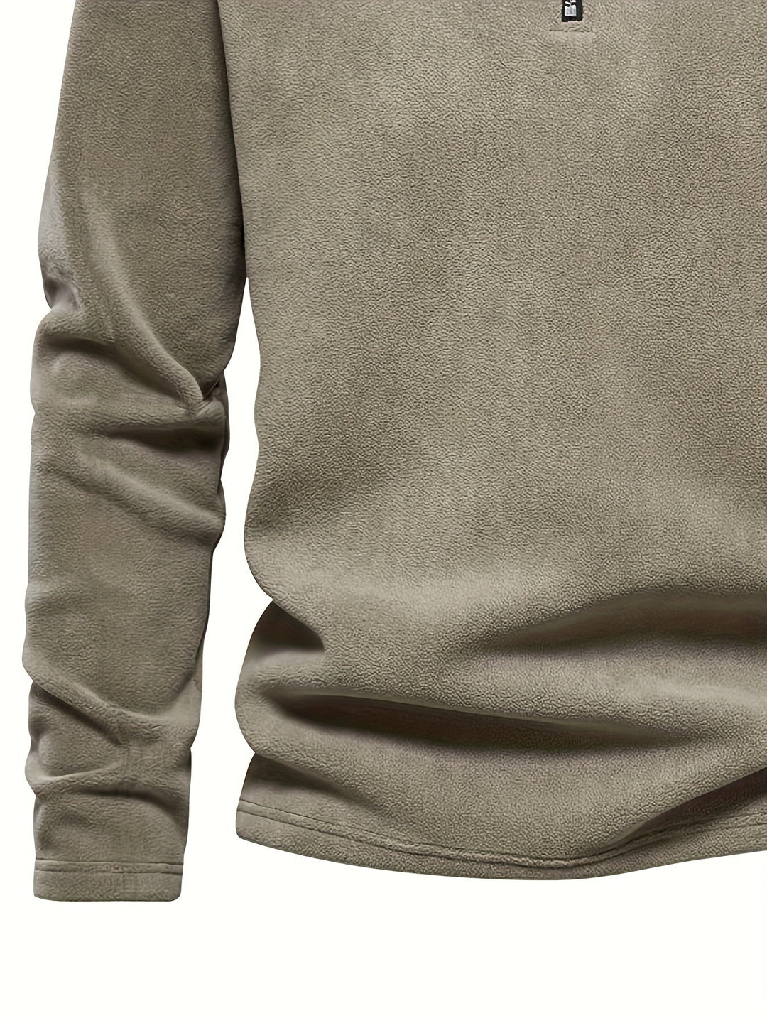 Foster half-zip stand collar fleece pullover in khaki, sleeve and hem detail