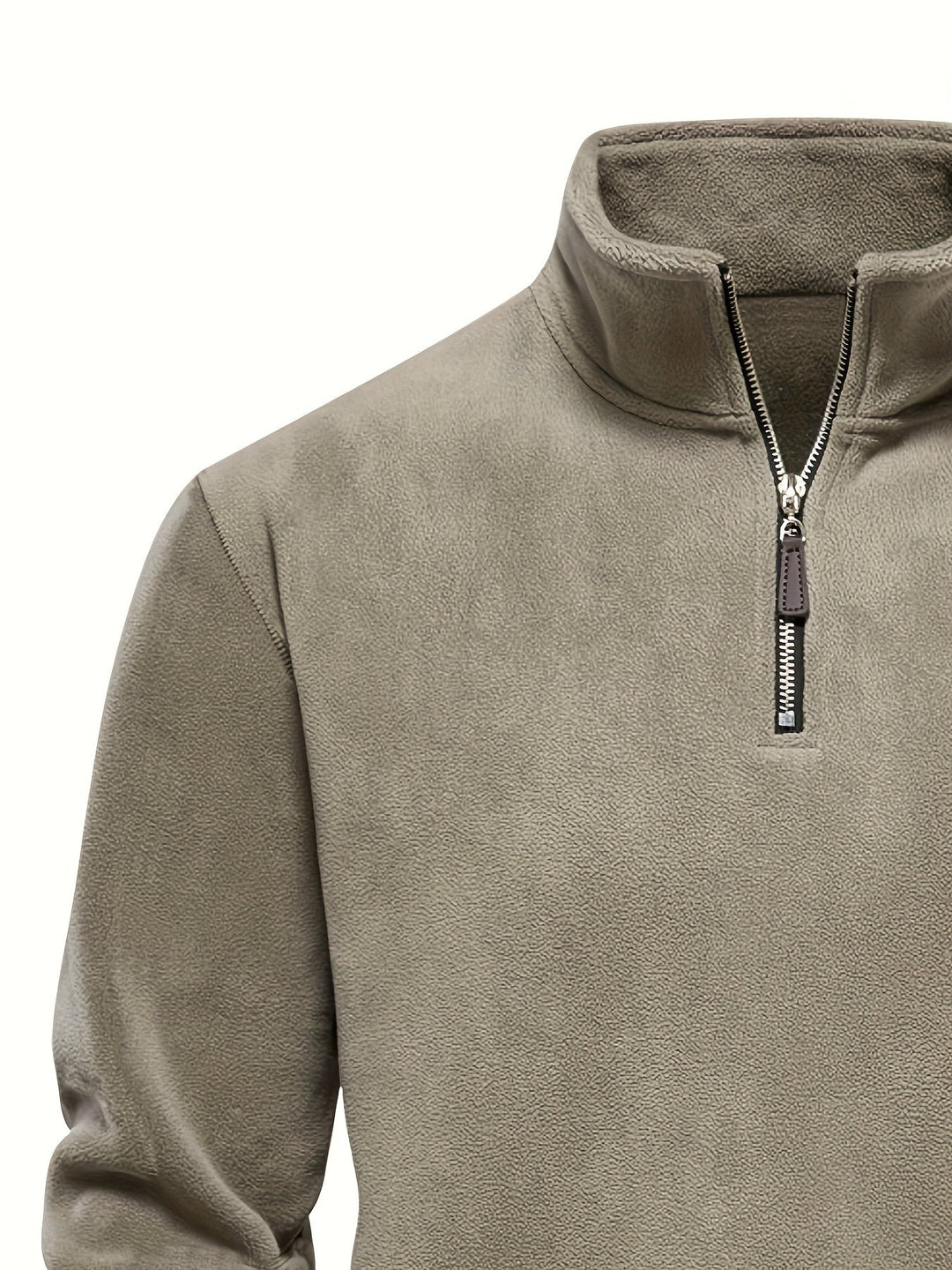 Foster half-zip stand collar fleece pullover in khaki, collar and zip detail