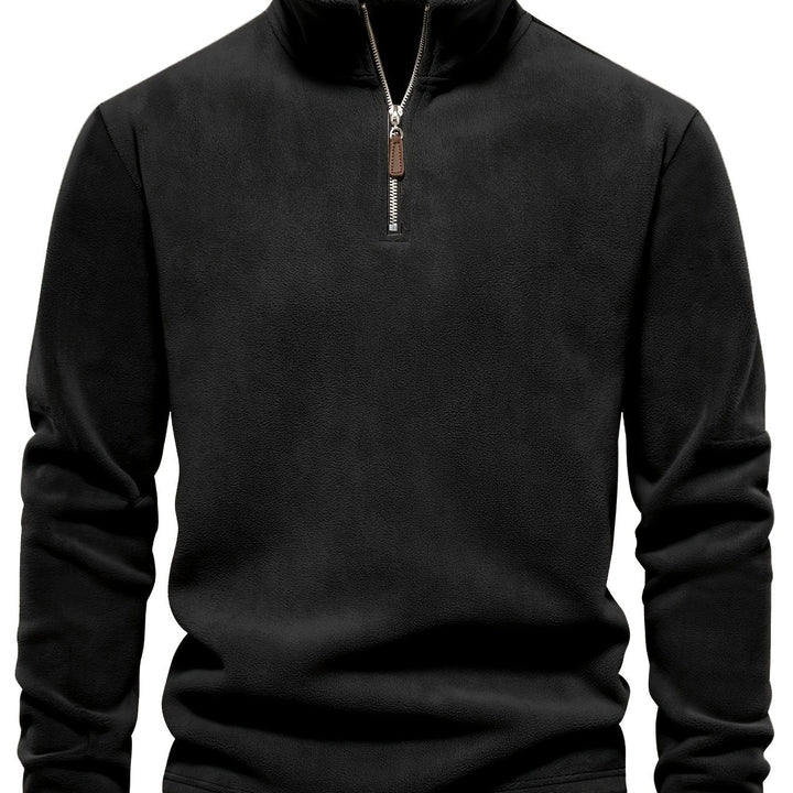 Foster half-zip stand collar fleece pullover in black, front view