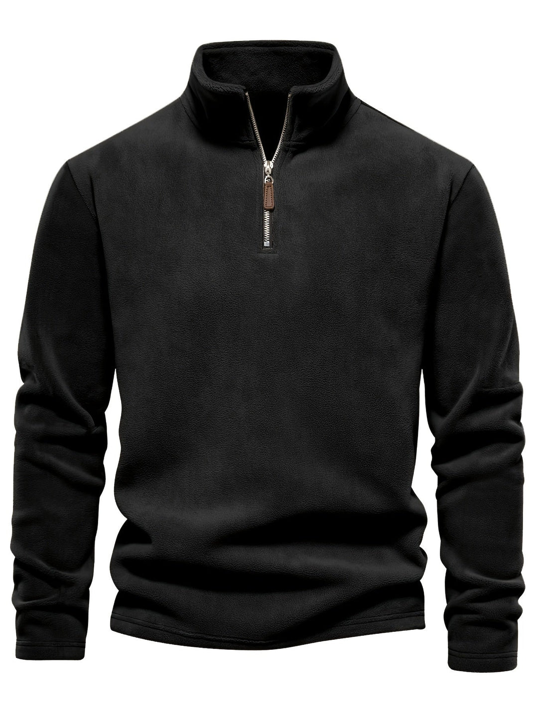 Foster half-zip stand collar fleece pullover in black, front view alternate
