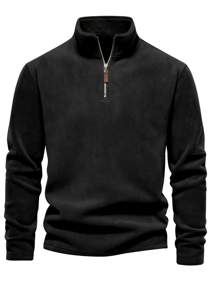 Foster half-zip stand collar fleece pullover in black, front view alternate