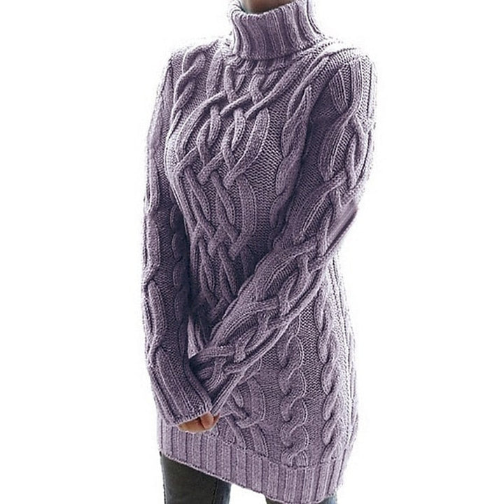 Genevieve cable-knit turtleneck sweater dress in purple, side view