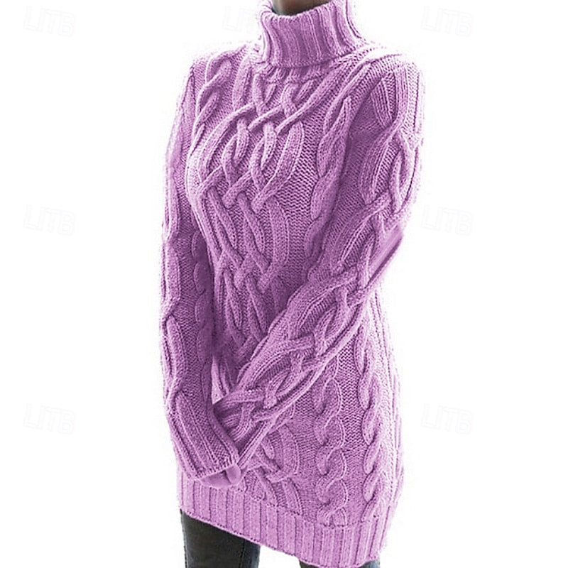 Genevieve cable-knit turtleneck sweater dress in lilac, side view