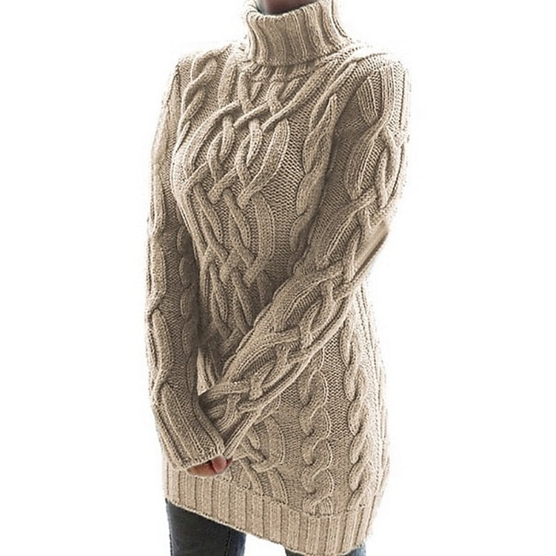 Genevieve cable-knit turtleneck sweater dress in khaki, side view