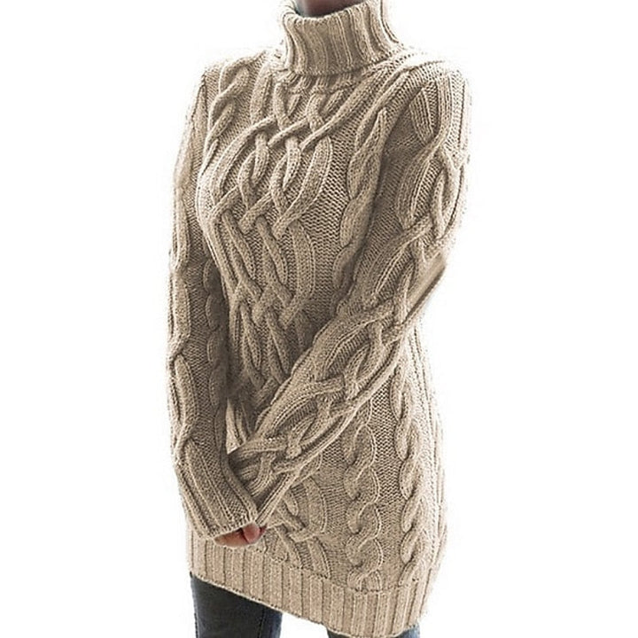 Genevieve cable-knit turtleneck sweater dress in khaki, side view
