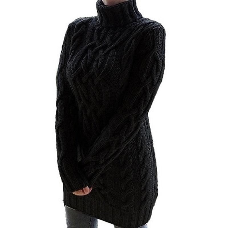 Genevieve cable-knit turtleneck sweater dress in black, side view