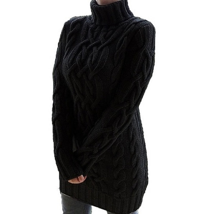 Genevieve cable-knit turtleneck sweater dress in black, side view