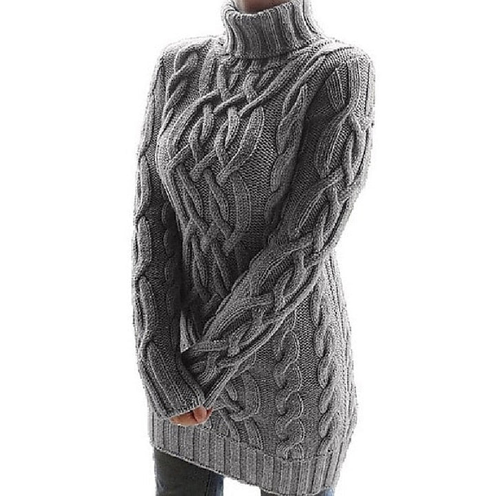 Genevieve cable-knit turtleneck sweater dress in black, side view