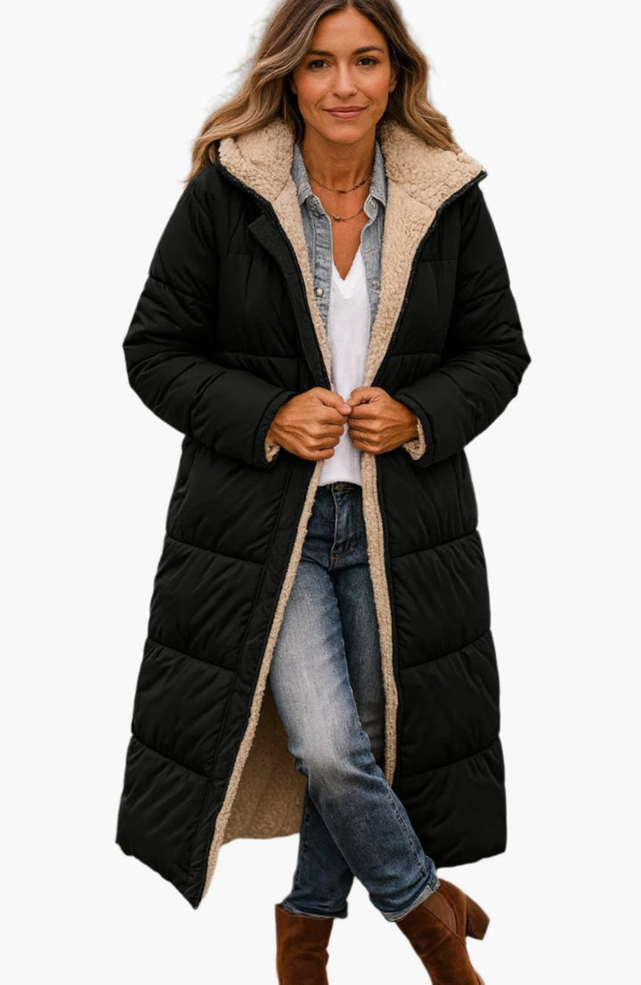 Genevieve quilted sherpa-lined hooded long coat in black, front view, open front over denim shirt and jeans