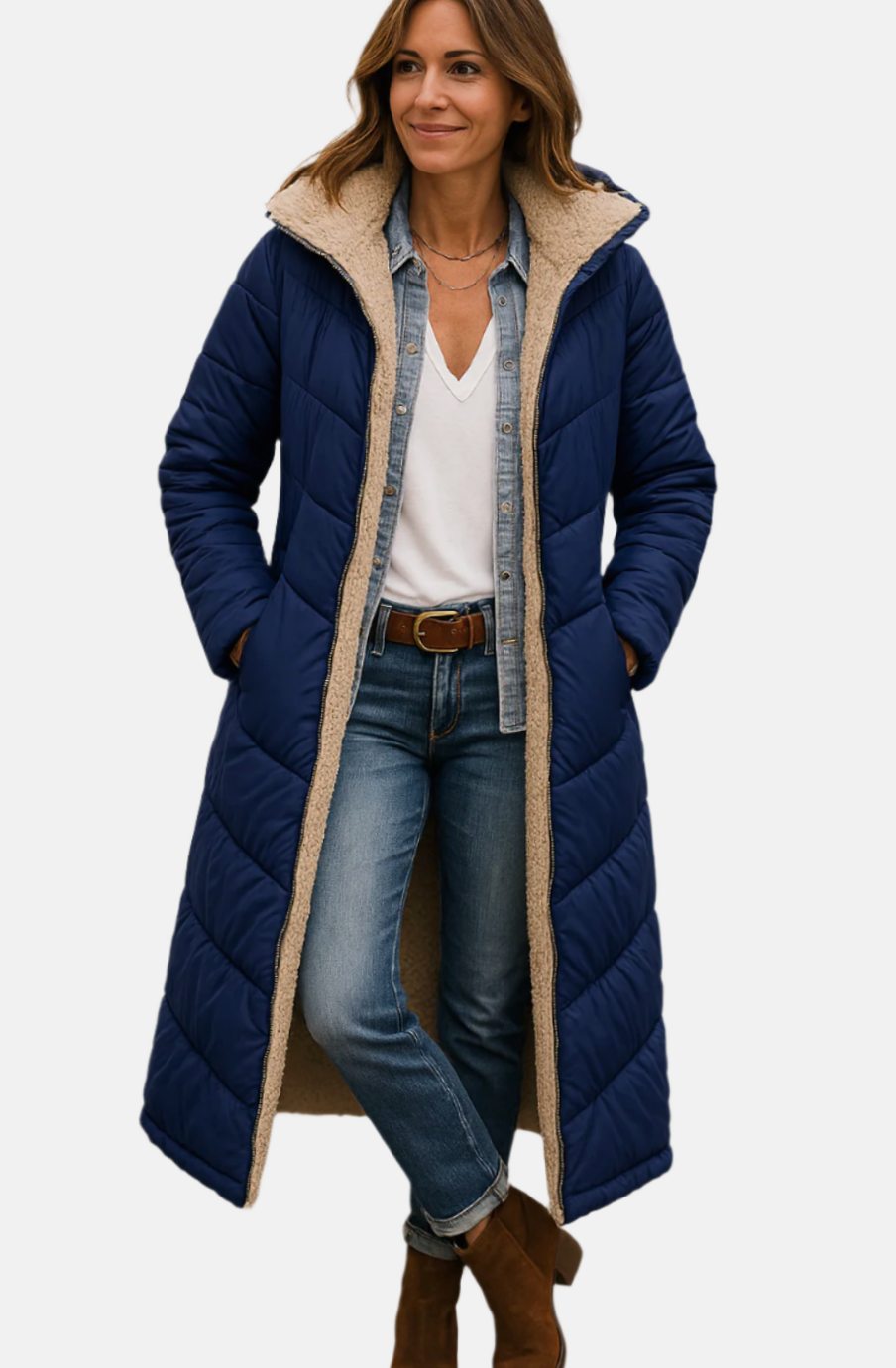Genevieve quilted sherpa-lined hooded long coat in navy blue, front view, hands in pockets