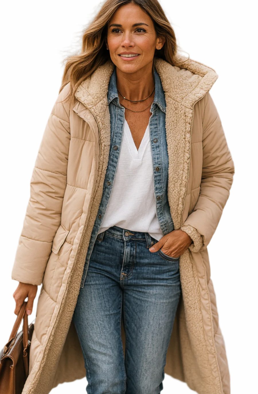 Genevieve quilted sherpa-lined hooded long coat in beige, close-up front view