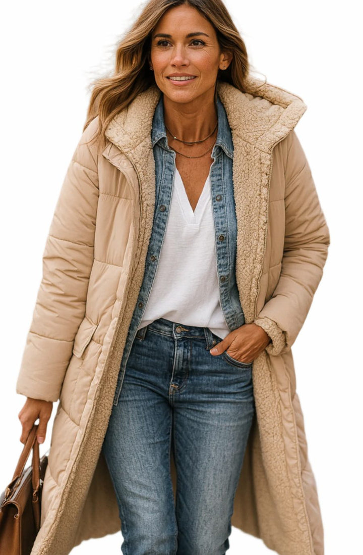 Genevieve quilted sherpa-lined hooded long coat in beige, close-up front view