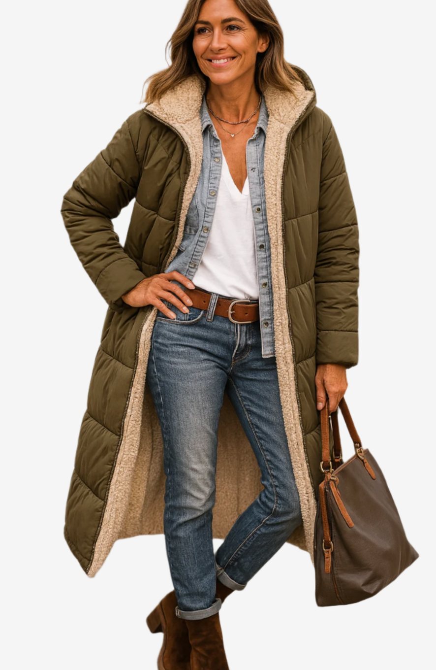 Genevieve quilted sherpa-lined hooded long coat in army green, front view with handbag