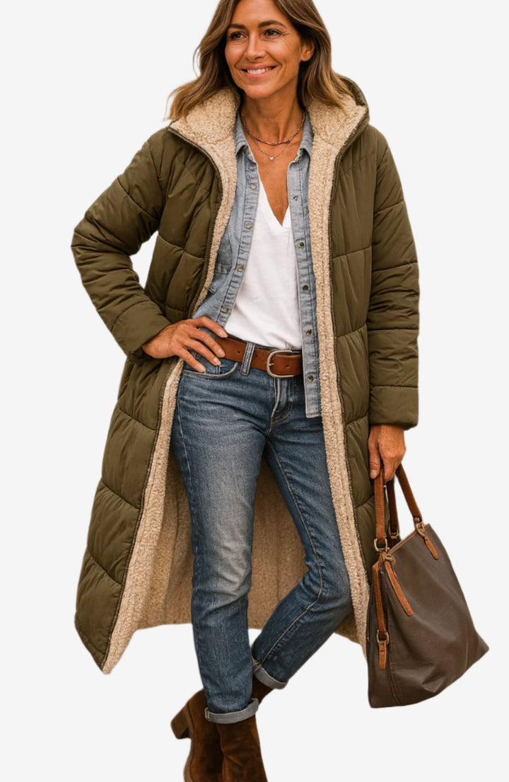 Genevieve quilted sherpa-lined hooded long coat in army green, front view with handbag