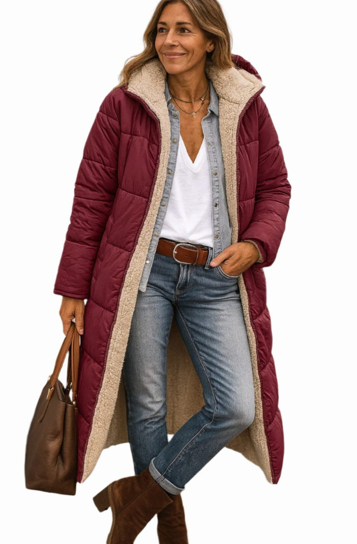 Genevieve quilted sherpa-lined hooded long coat in army green, front view with handbag