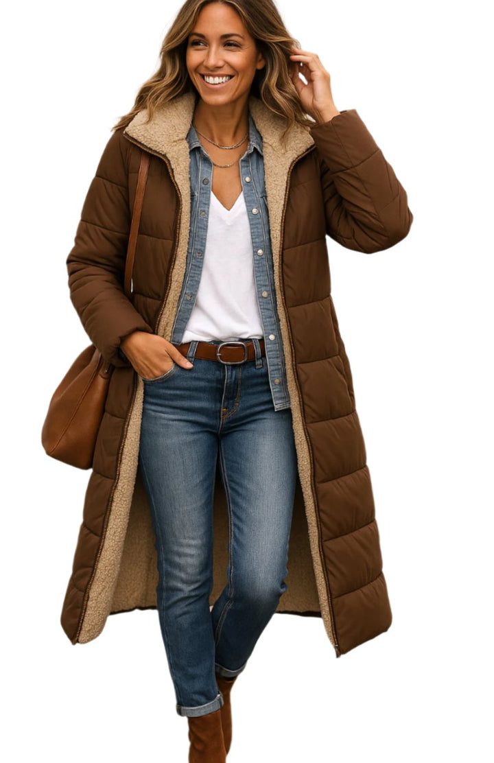 Genevieve quilted sherpa-lined hooded long coat in army green, front view with handbag