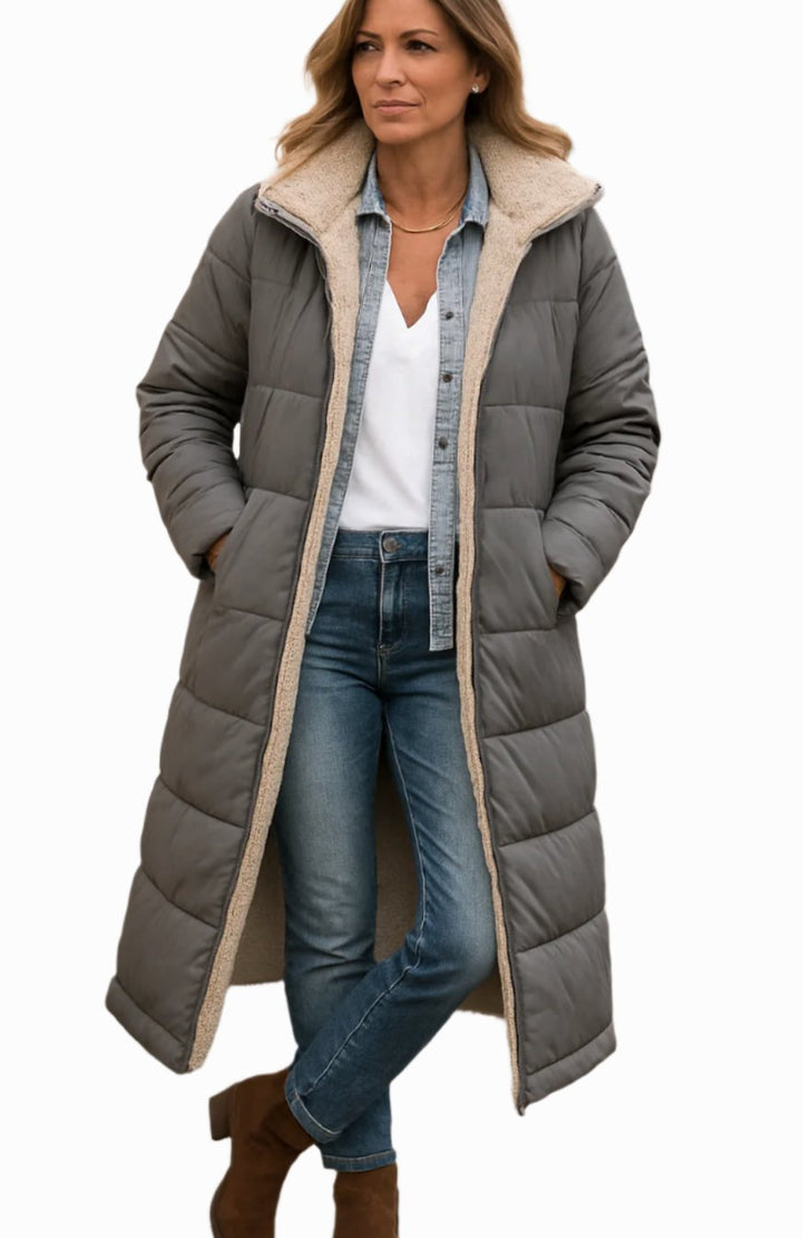 Genevieve quilted sherpa-lined hooded long coat in army green, front view with handbag