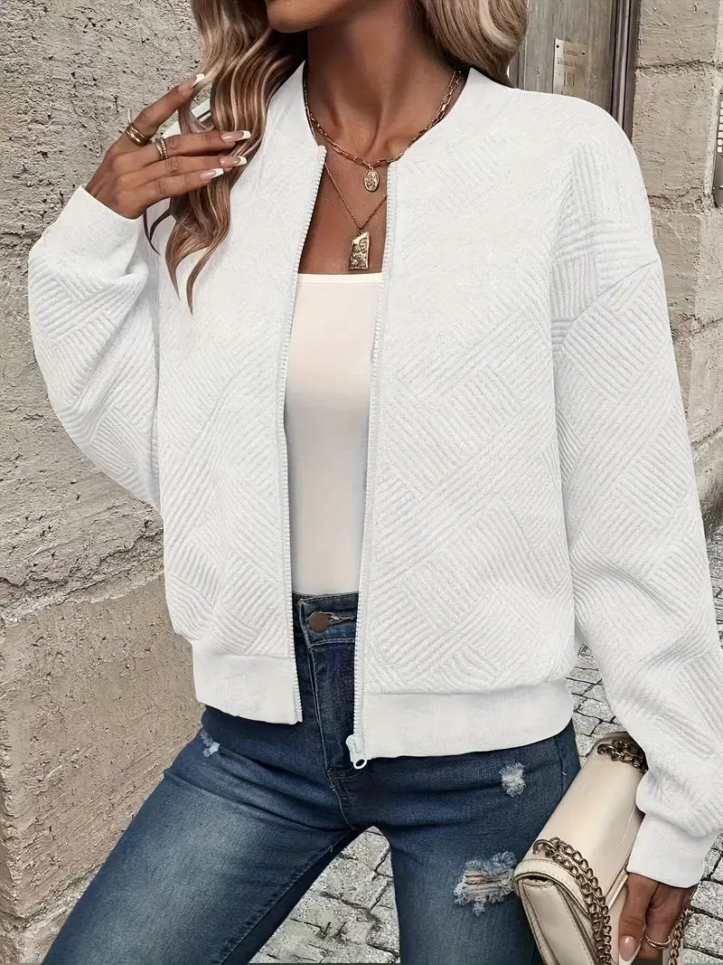 Genevieve textured zip-up bomber jacket in white, front view close-up