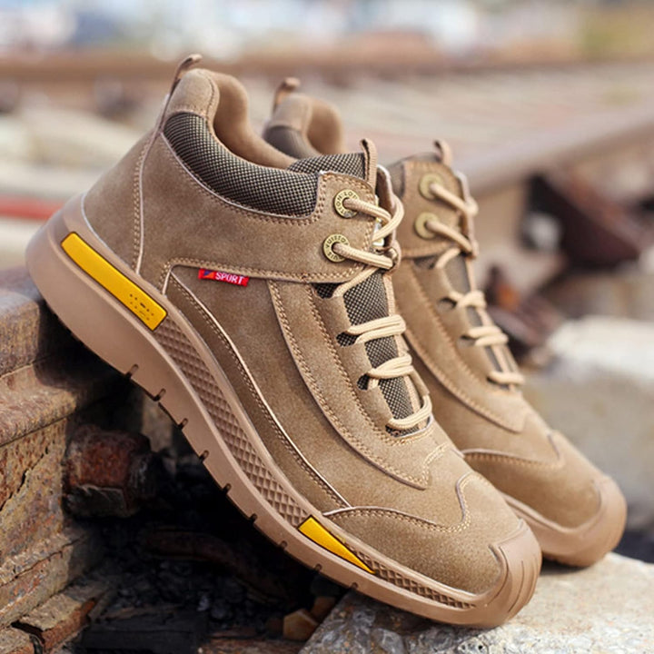 Grant work boots side view on outdoor stone ledge