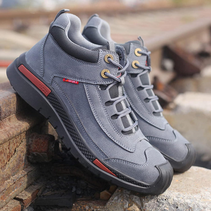 Grant work boots side view on outdoor brick ledge