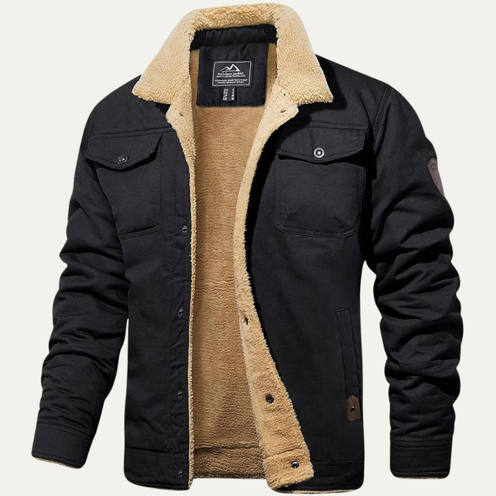 Grayson black sherpa collar trucker winter jacket, front view open