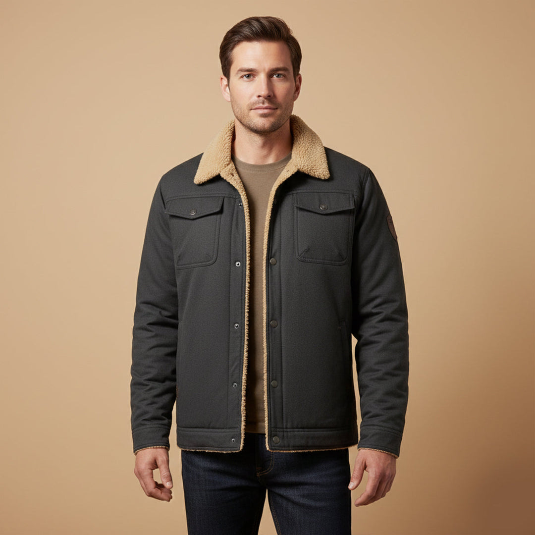 Man wearing Grayson dark gray trucker jacket with sherpa collar, front view