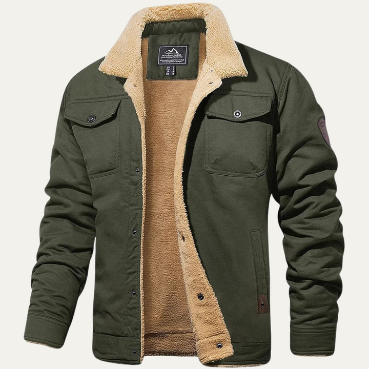 Grayson army green sherpa collar trucker winter jacket, front view open
