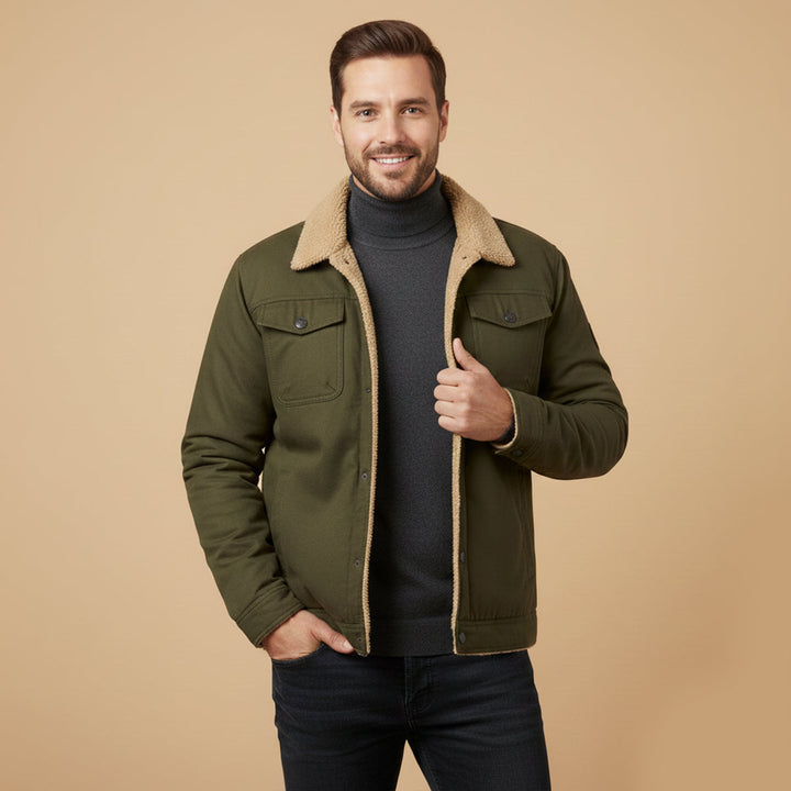 Man wearing Grayson army green trucker jacket with sherpa collar, front view