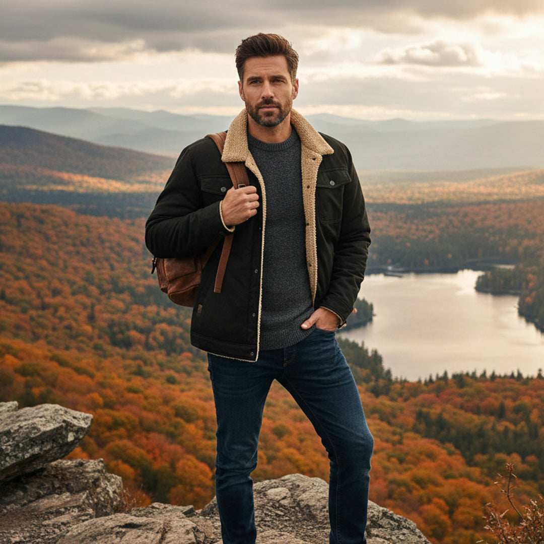 Man wearing Grayson black trucker jacket outdoors on a mountain overlook