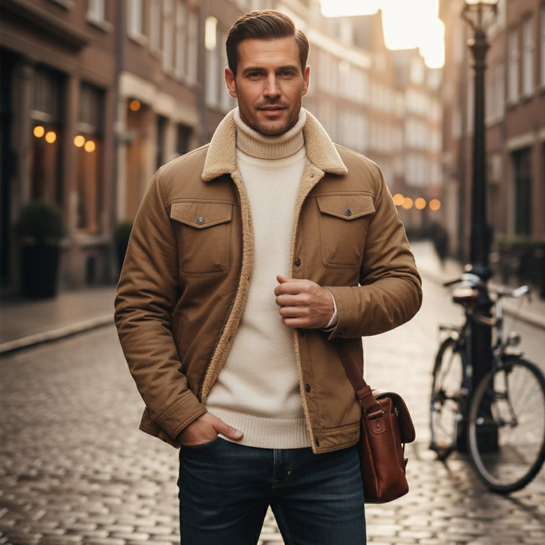 Man wearing Grayson khaki trucker jacket walking on a city street