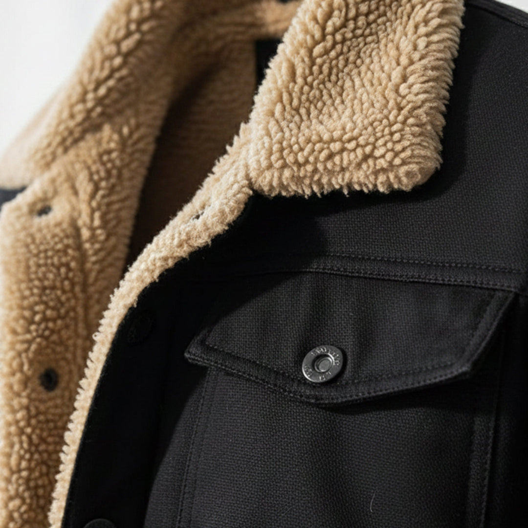 Close-up of Grayson jacket sherpa collar and chest pocket detail