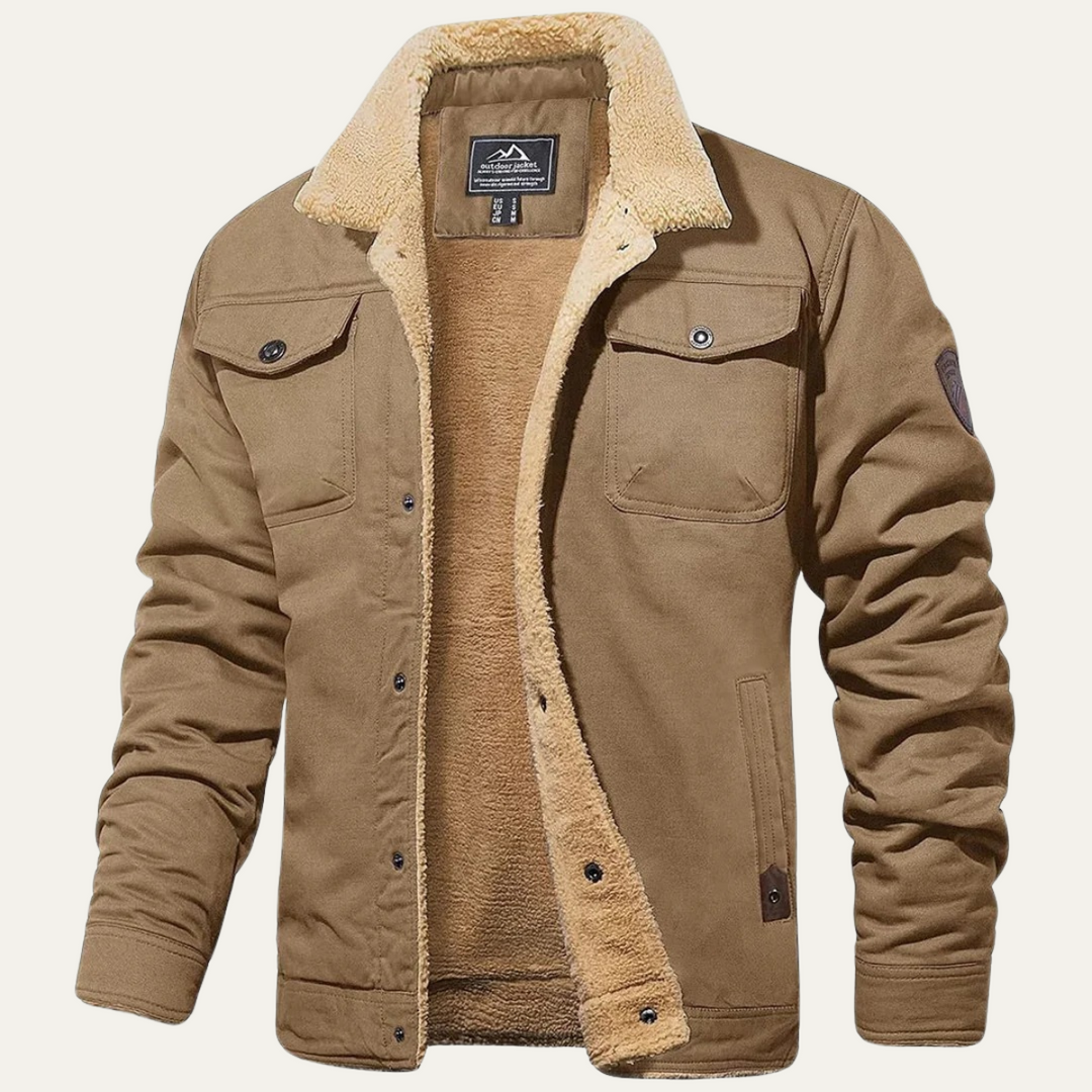 Grayson khaki sherpa collar trucker winter jacket, front view open
