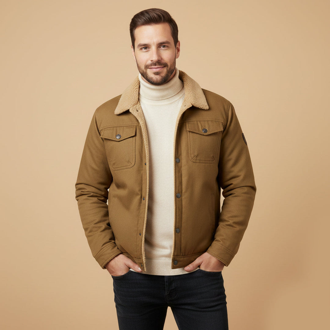 Man wearing Grayson khaki trucker jacket with sherpa collar, front view
