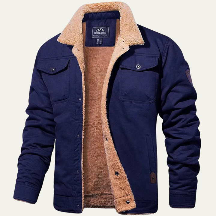 Grayson navy blue sherpa collar trucker winter jacket, front view open