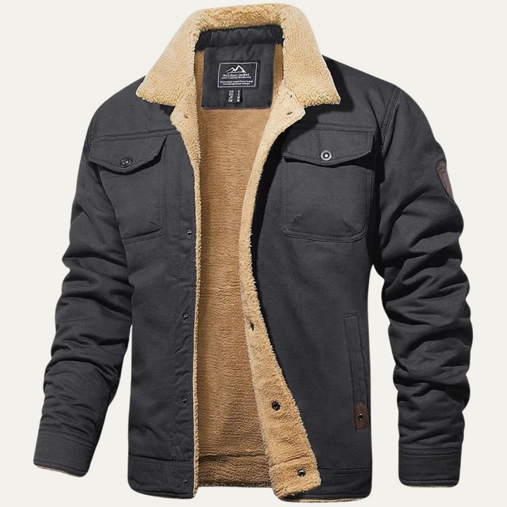 Grayson dark gray sherpa collar trucker winter jacket, front view open