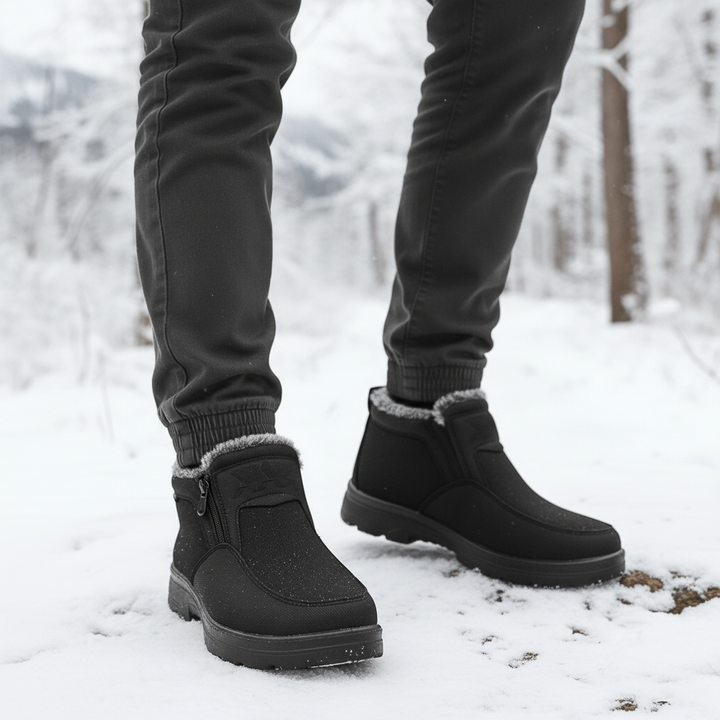 Griffin waterproof snow boots on model walking in snow, side view