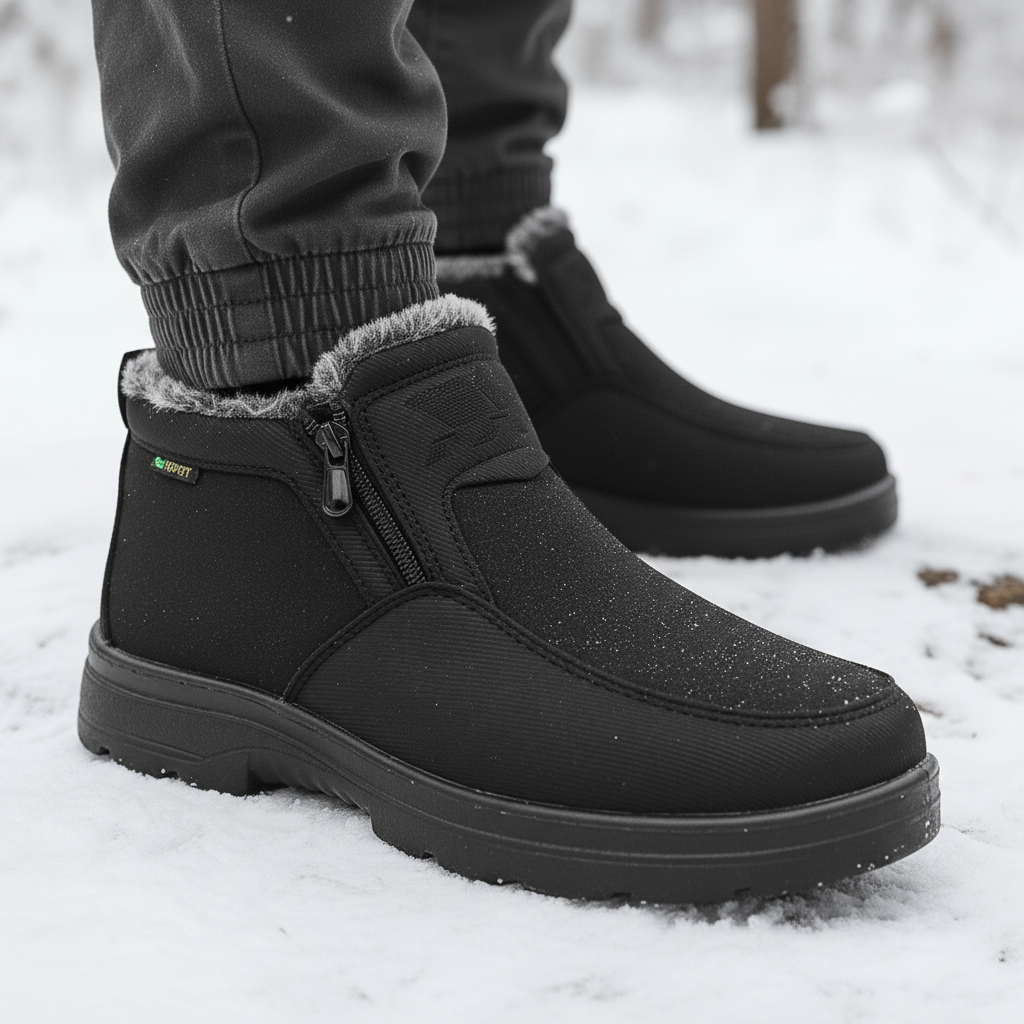 Griffin waterproof snow boots close-up on model in snow
