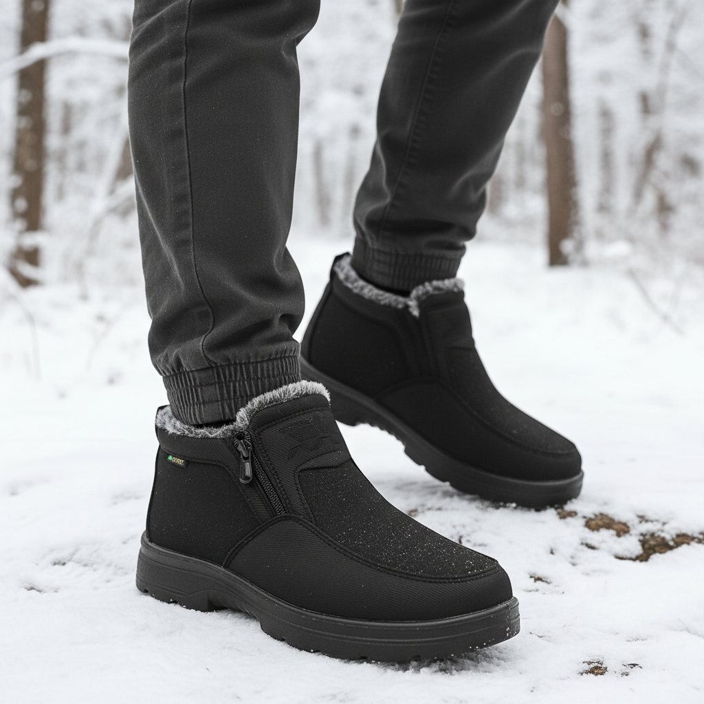 Griffin waterproof snow boots on model walking in snowy forest
