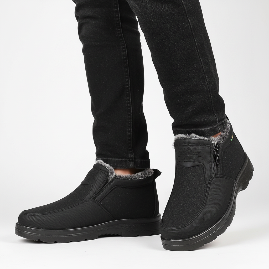 Griffin waterproof snow boots on model, studio side view