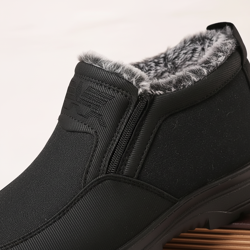 Griffin waterproof snow boots close-up of fur collar and zipper