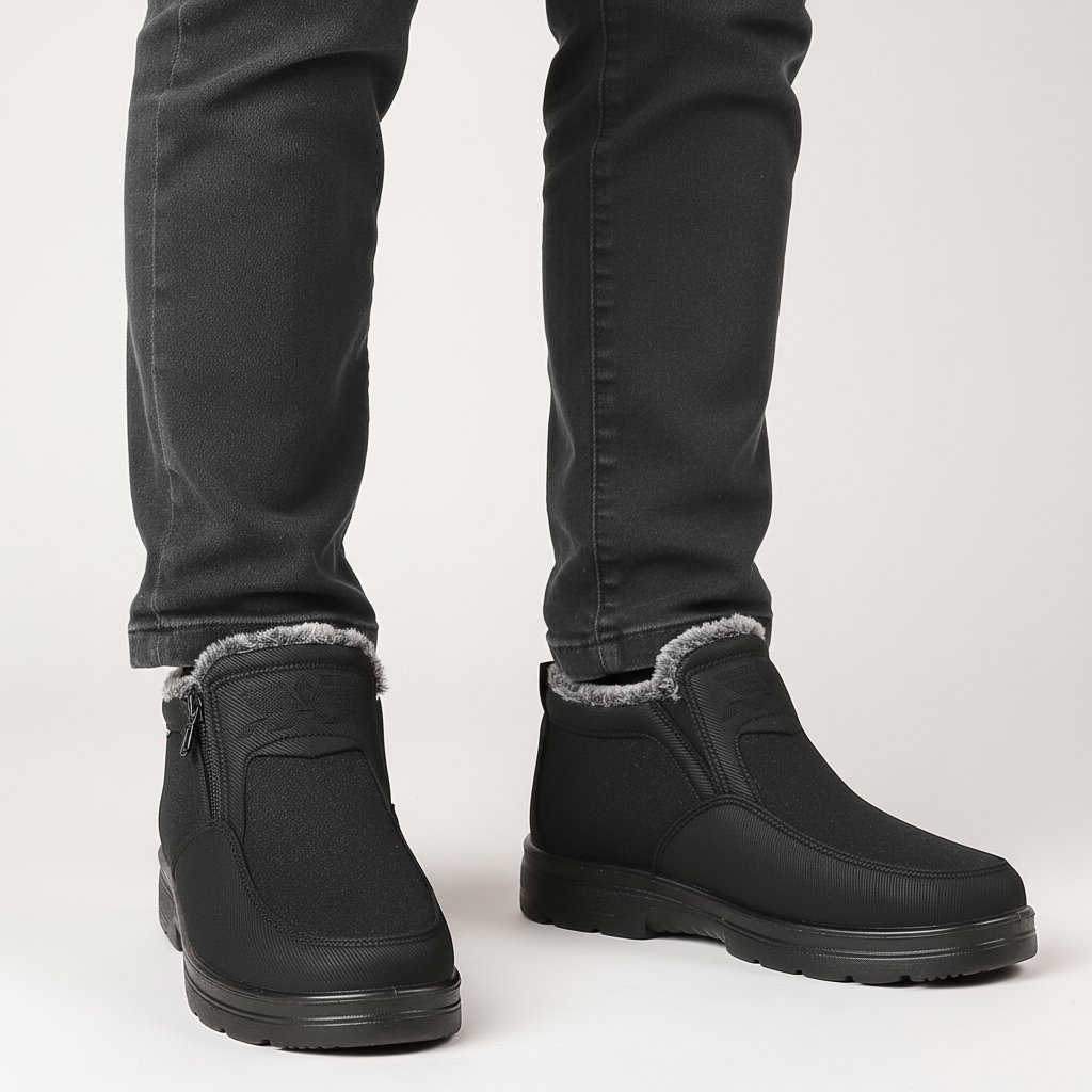 Griffin waterproof snow boots on model in dark denim, front view
